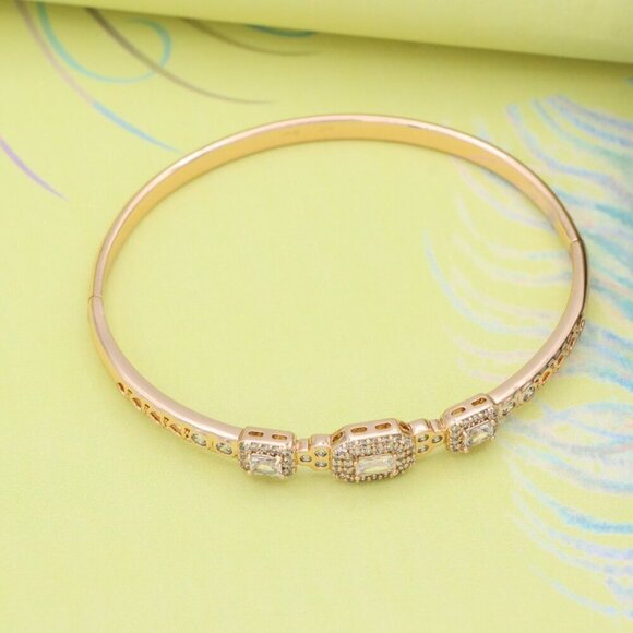 Elegant Rose Gold Bangle with Rectangle and Round Stone Design, XPBL0518 - Picture 5 of 12